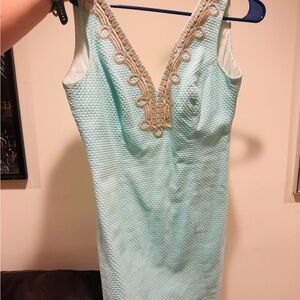 Lilly Pulitzer Aqua and Gold Embroidered Dress
